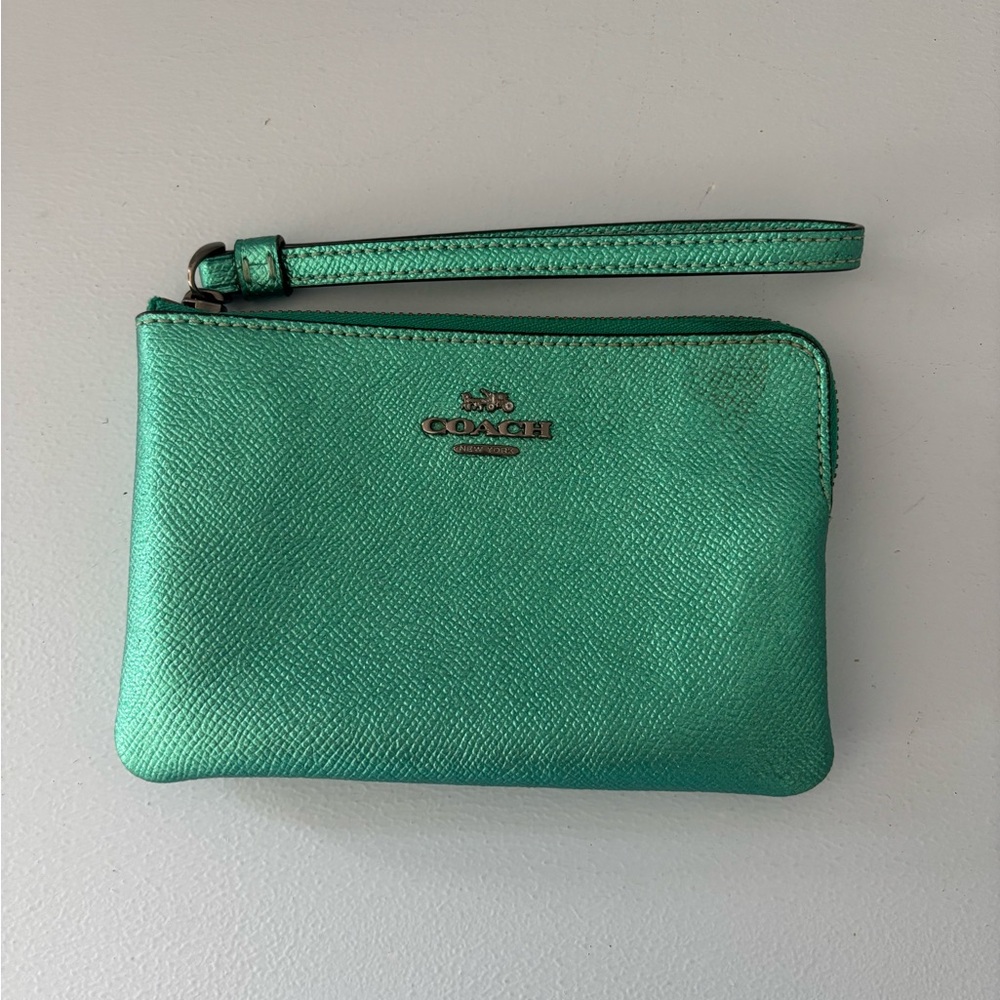 Coach Metallic Green Wristlet Clutch